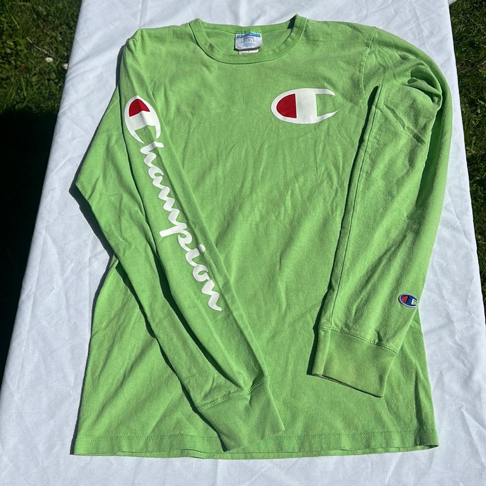 Champion graphic L/S chest & arm logo with embroidered logo wrist Lime green S